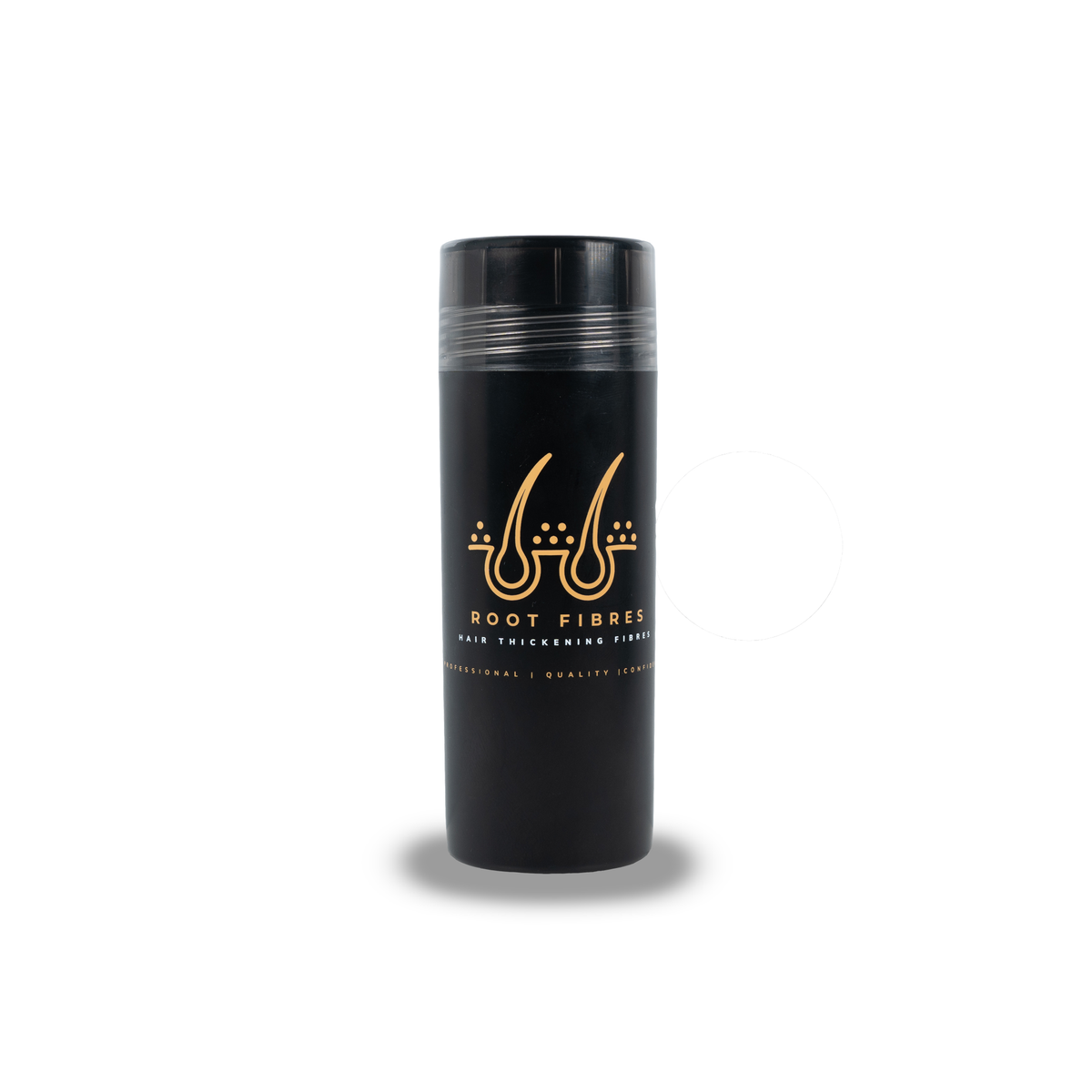 Front view of Root Fibres hair thickening fibres in a sleek black bottle with a gold logo. White and gold caption reads 'Root Fibres Hair Thickening Fibres – Professional, Quality, Confident.' This product effectively conceals thinning hair, providing a natural and voluminous look.