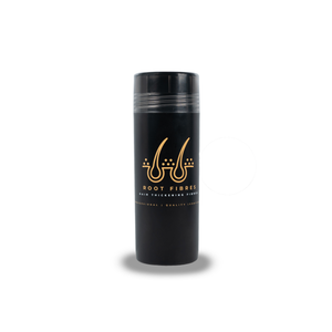 Front view of Root Fibres hair thickening fibres in a sleek black bottle with a gold logo. White and gold caption reads 'Root Fibres Hair Thickening Fibres – Professional, Quality, Confident.' This product effectively conceals thinning hair, providing a natural and voluminous look.